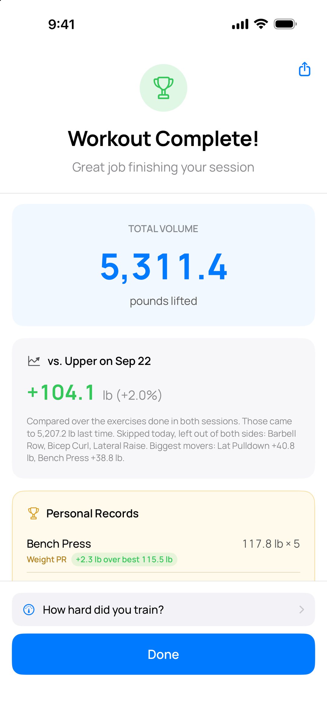 A comparison with the last session and a weight personal record.